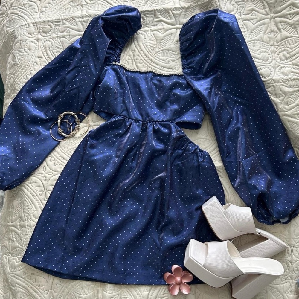 Danielle Bernstein Navy Blue polka dot mini dress rhinestone puffy sleeve sz 0